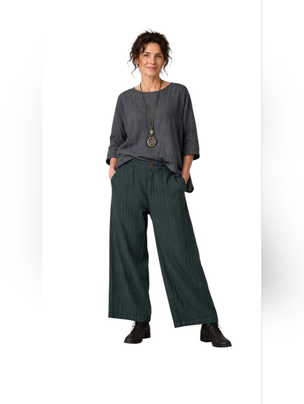 Gudrun Sjoden Trousers Woodland Green Herringbone Wide Leg Pants Size L NWT